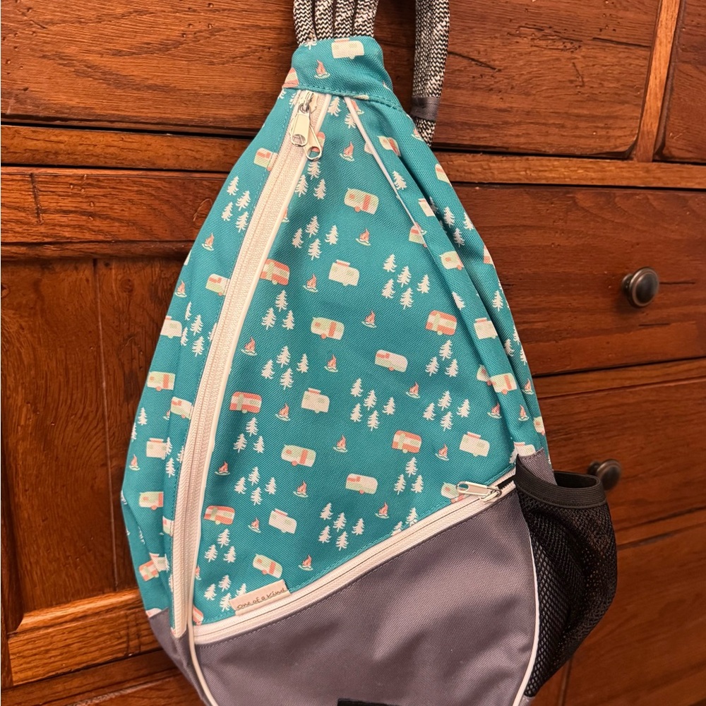 Kavu Teal and Gray Sling Backpack with Camper Print